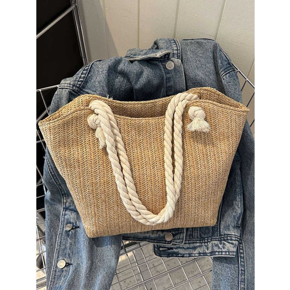 Medium Tote Straw Bag Khaki Beige Lined Rope Handles Beach Summer - Picture 5 of 8